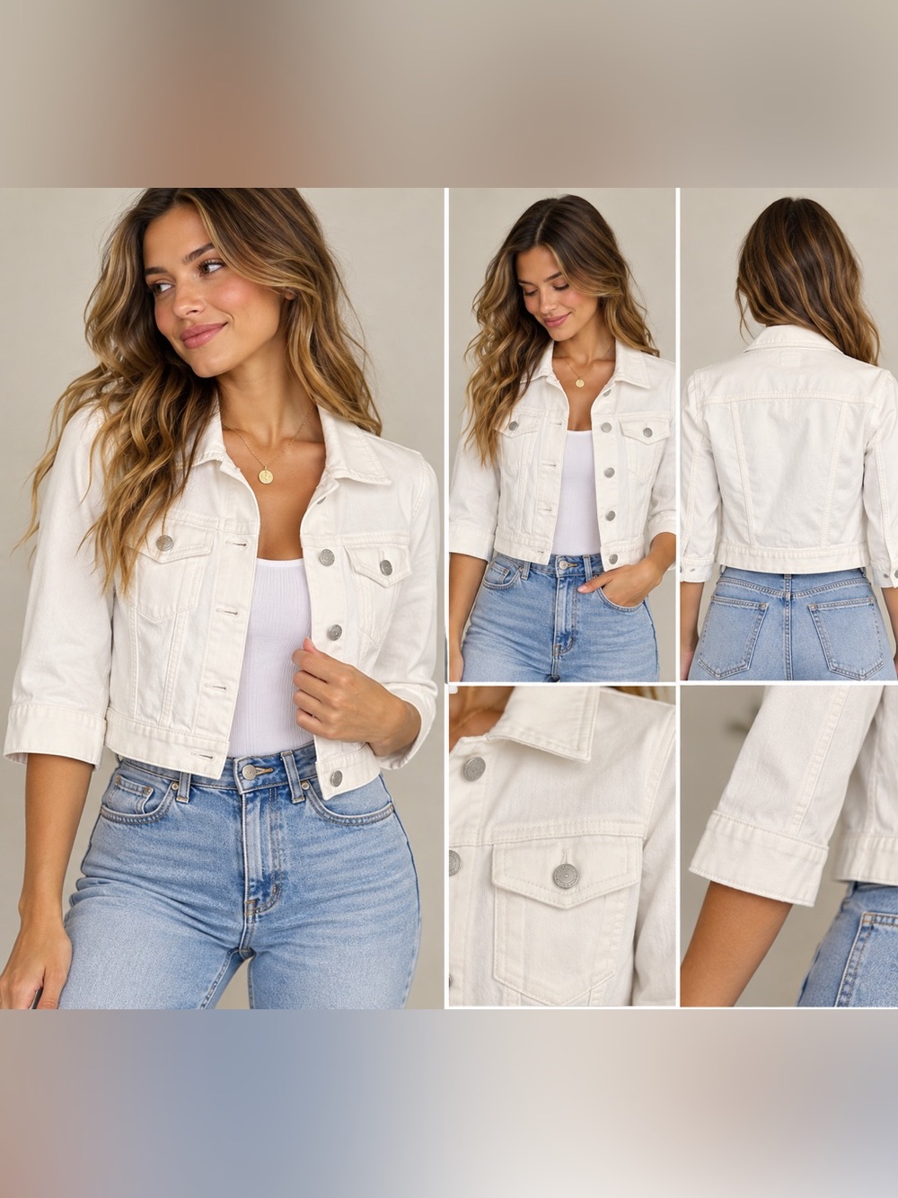 LOFT Outlet White Denim Jacket Women’s M Cropped 3/4 Sleeve Stretch Jean Jacket